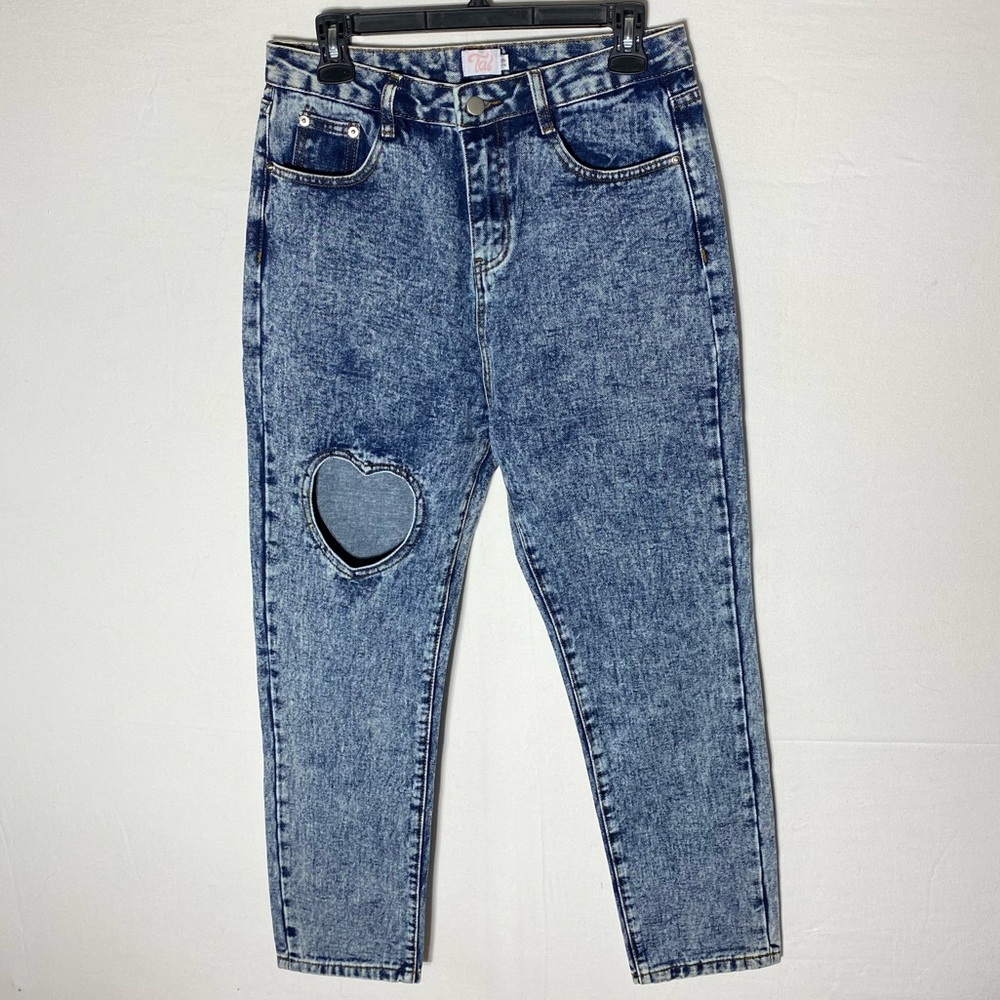 Tal Clothing Acid Wash Blue High Rise Cropped Jeans W Heart Cutout 29